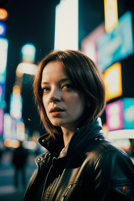 ShirleyManson, ((detailed face, Times Square background, detailed background, cyberpunk, shadow, dramatic lighting, by Bill Sienkiewicz, bokeh, night, midnight, darkness))