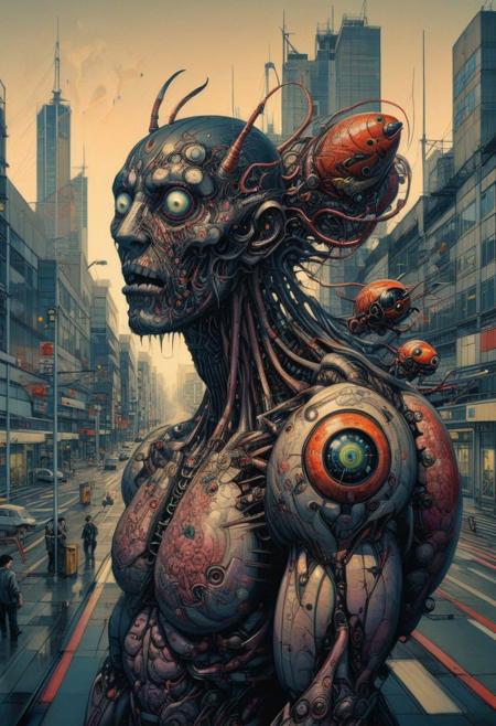 professional photograph of a impartial and otherworldly monstrous creature  by  Katsuhiro Otomo and Makoto Shinkai and irving penn , bold lines, hyper detailed, dark limited palette, dramatic lighting, painting, insects, in a skyscraper with a view outside