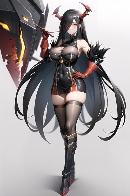 friedrich der grosse \(azur lane\), 1girl, baton (conducting), long hair, solo, red gloves, thighhighs, breasts, horns, black hair, hair over one eye, bare shoulders, very long hair, large breasts, yellow eyes, red horns, dress, black thighhighs, boots, gloves, full body, black dress, looking at viewer, machinery, smile, mechanical horns, zettai ryouiki, rigging, bangs, armored boots, covered navel, black footwear, knee boots, standing, simple background, turret, sleeveless dress, short dress, sleeveless, cleavage, white background