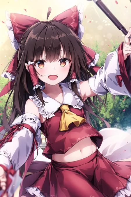 1girl, hakurei reimu, microphone, solo, sarashi, detached sleeves, bug, hair bow, butterfly, bow, hair tubes, long hair, open mouth, red bow, looking at viewer, smile, wide sleeves, skirt, lantern, microphone stand, outstretched arm, black hair, ribbon-trimmed sleeves, holding microphone, ribbon trim, frills, frilled bow, ascot, long sleeves, brown hair, outstretched hand, ahoge, midriff, (masterpiece,best quality)