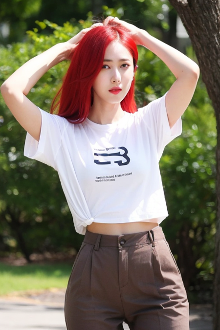 sinb, 1girl, solo, long hair, looking at viewer, shirt, standing, white shirt, short sleeves, red hair, outdoors, day, pants, blurry, arms up, tree, lips, blurry background, ground vehicle, t-shirt, motor vehicle, realistic, red lips, car, brown pants