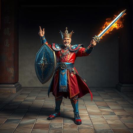 "Epic Full-Body Detail: A victorious Coach King Giantrainer, dressed in vibrant red and blue, stands on an aged tile floor, holding a Cyber Shield and a Flaming Dragonswords. The setting is an Altar of the Bound Deity, which provides a neutral backdrop that highlights the Coach King Giantrainer. This 4K image boasts exceptional quality, dynamic composition, harmonious colors, and vivid details, including a super detailed face, eyes, clothes, and weapons. The image exudes a joyful and powerful energy, with a captivating use of light and shadow. Trending on Artstation HQ."