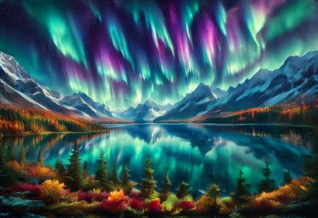 morph-aurora, Nature, autumn leaves, fall, forests, A vast lake surrounded by mountains, a vast lake, with an trees in the center of the lake, fantasy art, RAW Photo, absurdres, high quality, high detail, masterpiece