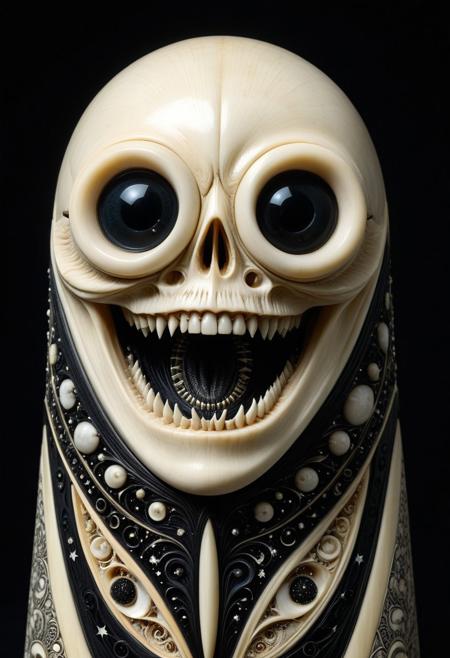 masterpiece,ultra-high resolution,incredible composition,extremely detailed, 
Ebony and Ivory Scrimshaw style monster  with googly eyes, sharp teeth, rage extraterrestrial inside it, in space. made of enchanted  Macabre made out of, ebony, ivory, scrimshaw, bone carving