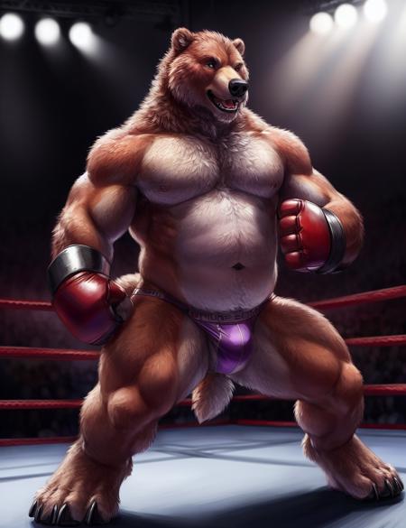 male anthro bear, chubby, dynamic pose, bust portrait, underwear, solo, realistic fur, detailed background, bedroom, detailed fluffy fur, long fluffy fur, photorealism, fighting ring, hdr, short tail, crowd, purple stage light, leather gauntlet