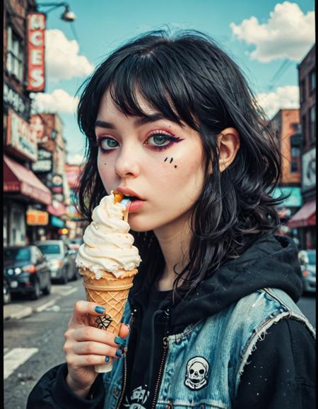 female character eating an ice cone, colorful, master color grade, tattoo, black eyes,  <lora:Toy_Camera:0.5> <lora:clothing_slider_v19_000000030:18>