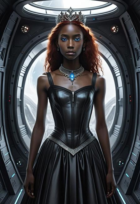 Masterpiece, high quality, Oil Painting, Hyper-realistic, hyper-detailed oil painting, A pale, slender tween princess wearing a futuristic elegant tightly corseted black dress, with exposed shoulders and low neck line, next to her is a huge strong dark skinned alien that stands protectively behind her. The princess stand serenely and prim, innocent and childlike. Her liquid metal dress is simple yet regal, radiating understated beauty. On her head rests a simple silver crown, subtly glimmering in the soft light. She has pale, white skin and striking blue eyes that convey gentleness and vulnerability. Her long, red hair falls gracefully down her back, adding to her ethereal presence. Her figure is slender and fragile, and every detail of her appearance is rendered in ultra-fine precision.  The strong dark skinned alien has glowing blue eyes. Both stand in a futuristic space ship, a dark nebula can be seen outside the ship's windows.
Masterpiece, intricate lines, intriguing atmosphere, sharp magnificent details, delicate features, elaborate details, (2/3 rule composition:0.5), ultra detailed, romantic, Rembrandt lighting, brush stroke, lovely, del1cate_balance style, in the style of Rembrandt. FS, vantablack 
realisticvision-negative-embedding, xiangao, monochrome