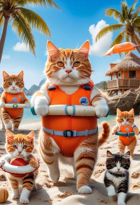 fluffy orange tabby fat cat wearing baywatch uniform walking guiding kittens wearing lifebuoy, beach in the background, morning,beach, there is a coconut tree far in the background, sand castle in side, voley cat, cat and kittens standing and walking like human and children, cat playing beach volley, beach volley, net, cat hit volley ball,