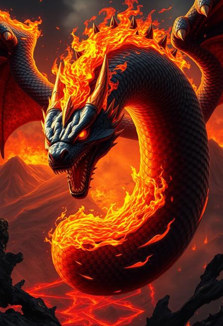 upscale, a black fire serpent, body made of fire, massive gigantic fire serpent, fierce, roaring, looking at the viewer,  hyperrealistic, fantasy, flying around, angry, highly detailed body, super realistic, hi_res, absurd detailed, very detailed face, in a volcanic environment, volcanic eruption on the background,