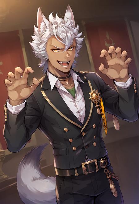 j4ckh0wl, animal ears, wolf ears, wolf tail, white hair, yellow eyes, 1boy, male focus, animal ears, dark-skinned male, solo, dark skin,