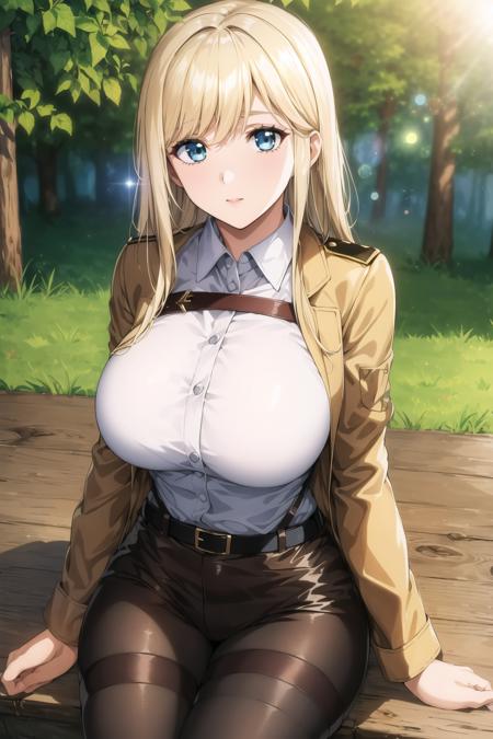 (day:1.7), Forest background,
sitting on the floor,
brown jacket,long sleeves,thigh strap,white shirt, military uniform,belt, Black_pencil_skirt,pantyhose, 
 <lora:Historia_Reiss_AOT-KK77-V1:0.7>,thigh strap, thighs,<lora:Front_Innocent_repack-KK77-V1:0.3>,
blonde hair,blue eyes,bangs, Long_hair, 
1 girl, 20yo,mature female,Beautiful Finger,Beautiful long legs,Beautiful body,Beautiful Nose,Beautiful character design, perfect eyes, perfect face,
looking at viewer,
NSFW,official art,extremely detailed CG unity 8k wallpaper, perfect lighting,Colorful, Bright_Front_face_Lighting,
(masterpiece:1.0),(best_quality:1.0), ultra high res,4K,ultra-detailed,
photography, 8K, HDR, highres, absurdres:1.2, Kodak portra 400, film grain, blurry background, bokeh:1.2, lens flare, (vibrant_color:1.2)
(Beautiful,Large_Breasts:1.2), (beautiful_face:1.5),(narrow_waist),