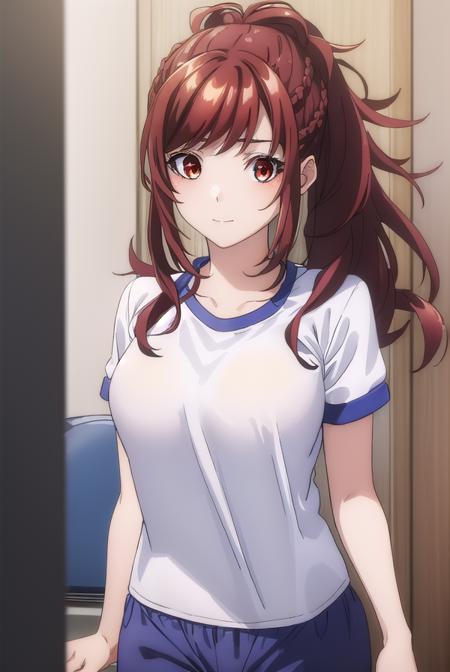 kaedekazama, <lora:kaede kazama s1-lora-nochekaiser:1>,
kaede kazama, long hair, bangs, (red eyes:1.3), ponytail, braid, sidelocks, red hair, smile,
BREAK (white shirt:1.5), short sleeves, shorts, gym uniform, blue shorts, gym shirt,
BREAK indoors, classroom,
BREAK looking at viewer, (cowboy shot:1.5),
BREAK <lyco:GoodHands-beta2:1>, (masterpiece:1.2), best quality, high resolution, unity 8k wallpaper, (illustration:0.8), (beautiful detailed eyes:1.6), extremely detailed face, perfect lighting, extremely detailed CG, (perfect hands, perfect anatomy),