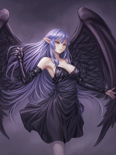 Night Wing Sorceress,1girl,purple hair,purple eyes, pointy ears, tsurime, black dress,pantyhose, sleeveless, fingerless gloves,waist ribbon,feathered wings, long dress,