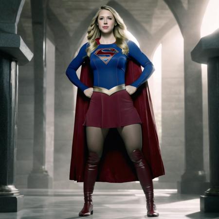 full-length full-body photo of a woman with blonde hair wearing supergirl outfit with cape