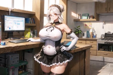 masterpiece, best quality, labimaid, 1girl, red eyes, medium hair, single hair bun, white hair, sidelocks, gigantic breasts, bangs, parted bangs, plump, glasses, rimless eyewear, semi-rimless eyewear,
gloves, white gloves, bare shoulders, black maid headdress, maid, black thighhighs, frills, covered navel, white elbow gloves, short dress, collared dress, maid dress, black collar,
room full of computers and laptops, computer, laptops, electronic, keyboard, mice, mouse, indoors, cowboy shot, standing