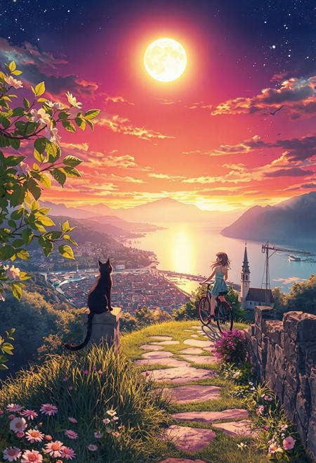 Vertical 9:16 cinematic anime frame, ultra-detailed 4K, vibrant and rich color palette, sharp lighting contrast.
Vordergrund: blühender Kirschbaumzweig links, Schmetterling schwebend darüber; rechter Bildrand mit halb verwelktem Zaun und Grashalmen im Wind, kleiner umgefallener Getränkebecher mit glänzender Oberfläche.
Vor-Mittelgrund: schwarzer Kater sitzt auf einer Steinmauer, Blick nach oben, neben ihm eine halbvolle Glasflasche mit Lichtreflexion; darunter bunte Gänseblümchen am Boden.
Mittelgrund: ein Junge und ein Mädchen stehen auf einem kleinen Hügel mit gepflastertem Weg; sie trägt ein Sommerkleid, er ein Fahrrad schiebend, beide schauen in die Ferne, friedlich, Haare im Wind, klarer Fokus.
Hintergrund: flache Küstenstadt mit erleuchteten Fenstern, Kirchturm und Laternenpfählen; hinter der Stadt das ruhige Meer mit einem entfernten Kreuzfahrtschiff, Lichter reflektieren auf dem Wasser.
Hinter-Hintergrund: gro﷿e Gebirgskette unter einem weiten Sternenhimmel.
Himmel: tiefe Dämmerung in violett-orange, gro﷿e weiche Wolken im oberen Drittel, strahlender Vollmond leicht links oben, halb verdeckt von einer Wolkenschicht, mit subtiler Korona.
Soft bloom, cinematic lighting, parallax-ready composition with strong sense of layered depth, feenstaub gently floating across all depth layers, cel-shaded in Makoto Shinkai style.