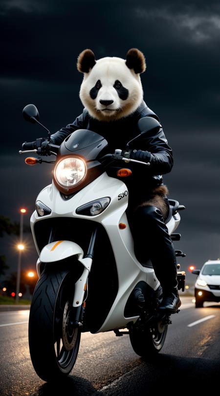 . panda riding moped, speeding past other cars, photo, studio lighting, hard light, sony a7, 50 mm, hyperrealistic, big depth of field, concept art, colors, hyperdetailed, hyperrealistic , moody lighting, fog, ambient light