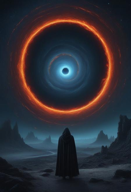 This is a digital artwork depicting a surreal, otherworldly scene. The central focus is a massive, swirling black hole with a fiery orange and red rim, surrounded by dark, swirling space debris. The black hole is located in the center of the image, encircled by a dark, cosmic void with stars and nebulae scattered across the sky. 
In the foreground, a lone figure stands on a rocky, uneven terrain, facing the black hole. The figure is dressed in a long, flowing, dark cloak that covers most of their body, suggesting a sense of mystery and isolation. The figure's face is not visible, adding to the enigmatic atmosphere.
The background features towering, jagged rock formations, some appearing to be ancient ruins, with the sky above blending into a gradient of dark blue to light blue, suggesting a transition from night to day. The textures of the rocks are rough and rugged, enhancing the desolate and alien environment.
The overall color palette is dominated by dark blues, blacks, and fiery reds, with the contrast between the figure's dark cloak and the bright, swirling black hole creating a striking visual impact. The image evokes a sense of awe and wonder, blending elements of fantasy and science fiction.
  <lora:qihuan222 (1):0.2> <lora:qihuan222 (2):0.9> <lora:qihuan222 (3):0.3>   <lora:qihuan222 (4):0.2>