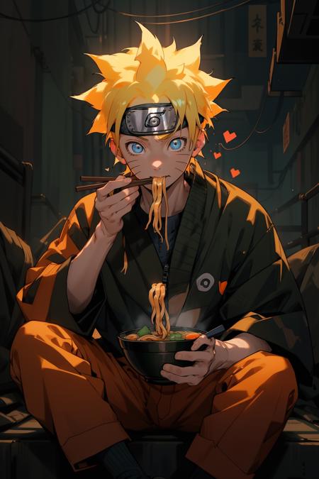 1boy, uzumaki naruto, <lora:Naruto:0.5>,forehead protector,  using chopsticks,  <lyco:GoodHands-beta2:1>, <lora:NijiExpressV2:0.3>, (detailed background), eating ramen, sitting,  <lora:ramen_v3:1>, (in cyberpunk japan),  <lora:fodm4st3r:0.2>, glowing eyes,  orange, green, blue , purple color,(exciting,happy), heart, blue eyes,neon lights,, masterpiece, best quality,