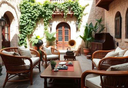 Mediterranean Courtyard Jazz Lounge – Sunlit Vintage Harmony Bathed in soft daylight and surrounded by rustic stone architecture, this enchanting Mediterranean courtyard transforms into a serene outdoor jazz sanctuary. Ivy cascades gently from the upper balcony, framing arched doorways that lead to cozy rooms beyond, while terracotta pots brim with lush greenery and vibrant tropical leaves. At the heart of this idyllic space is a thoughtfully arranged sitting area, where classic rattan armchairs and sofas with plush cream cushions invite quiet moments under the sun. The furniture is handcrafted with curved bamboo frames and cane weave details — a timeless nod to Mediterranean artisan style. In front of the seating, a solid walnut low coffee table sits atop the stone floor, adorned with a set of porcelain cups, a small fern, and vintage jazz vinyl sleeves scattered like memories of past afternoons. To one side, adding soul and sound to the ambiance, stands an exquisite vintage audio setup: A polished mahogany stereo cabinet, home to a brass-horn gramophone, tube amplifier, and a classic turntable spinning smooth jazz records. A pair of floor-standing wooden speakers with dark fabric grills flank the system, spreading warm analog tones across the courtyard. Next to the sound system, a tall ceramic jug overflows with blooming sunflowers, their golden faces turned toward the light like a tribute to joy. A second bouquet, arranged in a glass vase on a nearby bench, adds