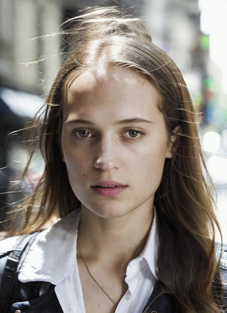 photo of sks woman, pale skin, working class in new york city, upper body, detailed skin, 20 megapixel, canon eos r3, detailed skin, detailed, detailed face, <lora:locon_aliciavikander_v1_from_v1_64_32:1.25>