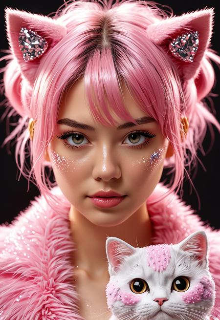 mujer con peinado de gato y orejas de gato,  glitter and diamond dust on furry hair, kawaii aesthetic, tatsuo miyajima, whimsical, realistic depiction of light, light magenta, RAW photo, (high detailed skin:1.2), 8k uhd, dslr, soft lighting, high quality, film grain, Fujifilm XT3