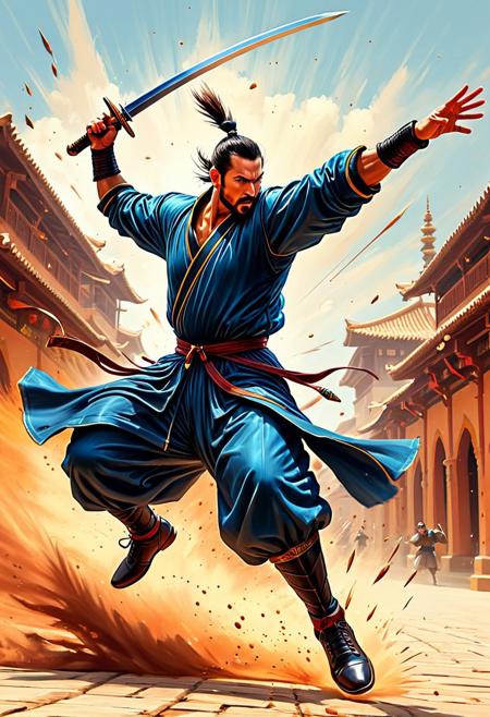 A swordsman dodging a strike in midair, their motion fluid and exaggerated, blending painterly realism with high-energy sketch lines,