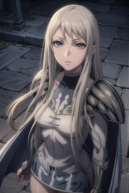 galatea, long hair, blonde hair, very long hair, (grey eyes:1.5), boots, cape, armor, knee boots, grey skin,