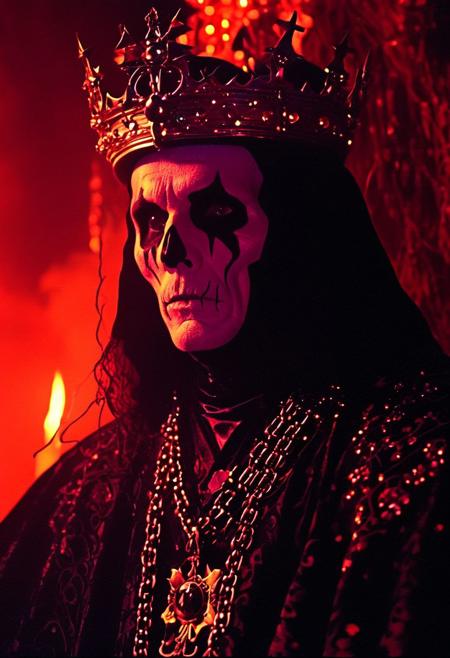 Inside the Theatrum Diaboli, a dramatic recitation by Papa Emeritus, wearing a crown of thorns and an elaborate, gem-encrusted robe. The scene is lit by hundreds of candles, casting soft, flickering light that dances across his ghostly mask and the attentive faces of the congregation, cloaked in shadow., 
in the style of a vintage, high-contrast setting, capture the essence of a campy and sensual satanic ritual. Emphasize theatrical elements with bursts of bright colors against dark, moody backgrounds
,grim landscapes with vibrant exaggerated neon colorful art, 
, old 80's VHS dark fantasy, VHS screen grab, grainy, old footage