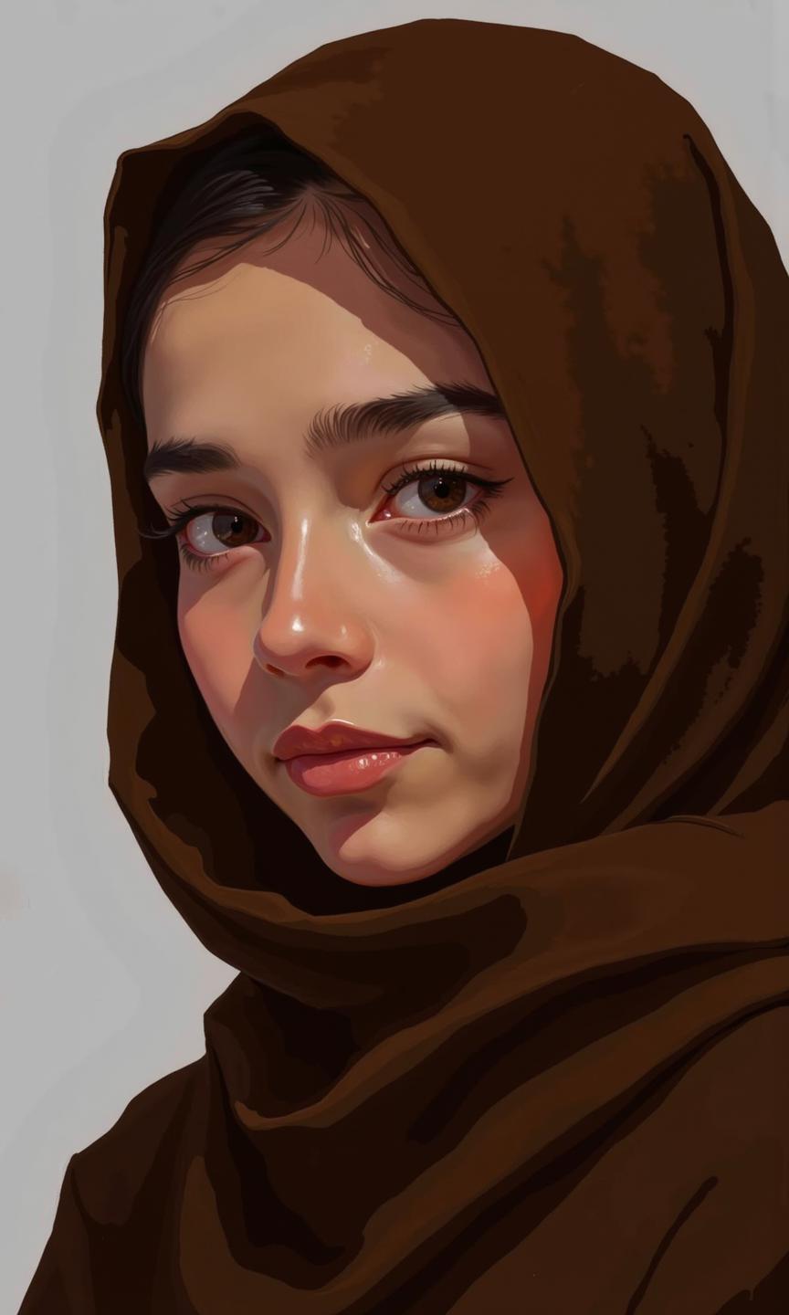 Close-up of a digital illustration of a woman wearing a hijab. 
The woman's face and upper torso are visible, partially obscured by the hijab. Her skin tone is a medium brown. Her eyes are dark brown and appear to be looking slightly downward and to the side, with emphasis on intricate details of the eye and eyebrow. Her eyebrows are well-defined and dark. Her lips are a muted, warm brown-pink, and her facial features are subtly emphasized, not overly exaggerated. 
The hijab she wears is a deep, rich brown, and it wraps around her head and shoulders. The fabric of the hijab appears smooth and draped. The style and drape of the hijab are rendered with fine detailing, showing the folds and textures associated with garments. 
The background is a light, neutral gray, creating a contrast to the subject's dark brown tones.
<lora:FLUX-daubrez-DB4RZ-v2:1> DB4RZ, DB4RZ style painting