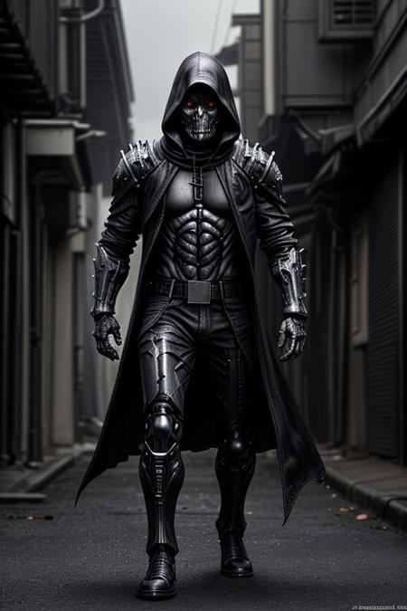 (masterpiece:1.2), best quality, high resolution, perfect lighting, extremely detailed, (Terminator assasin),  battle scared white and black carbon armor,  Wearing a dark cloak with hood, skull face just visable under hood, full_armor, humanoid, Metal Human skull head, (extreme detailed micro mechcanical scary Metal human skull design). Samurai sword shinning silver, background a dark back street with subtle lighting and shadows, facing viewer, solo,