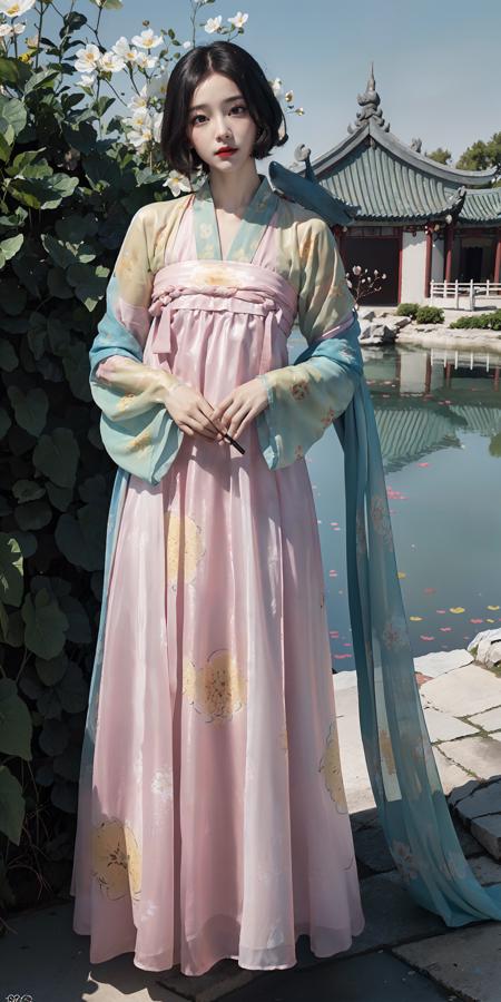 <lora:tang_hanfu:0.7>,(hanfu),(chinese clothes),((floral print)),((green/blue/yellow/pink/white/blackmagnificent print long sleeves)),((pink/white/black/green/blue/yellow print see-through dress)),1 girl,full body,(short hair),(realistic:1.7),((best quality)),absurdres,(ultra high res),(photorealistic:1.6),photorealistic,octane render,(hyperrealistic:1.2), (photorealistic face:1.2), (8k), (4k), (Masterpiece),(realistic skin texture), (illustration, cinematic lighting,wallpaper),( beautiful eyes:1.2),((((perfect face)))),(cute),(standing),(black hair),black eyes,red lips, outdoors,(chinese style countryard),(pond),<lora:JapaneseDollLikeness_v15:0.25>,