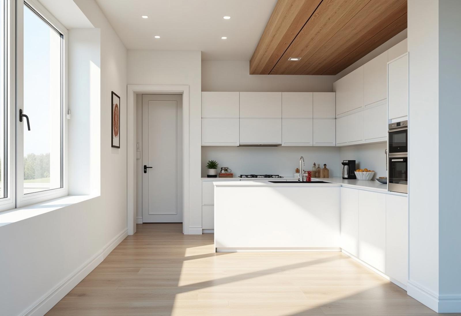 Modern house, white tone, some wood line, glasses door, kitchen