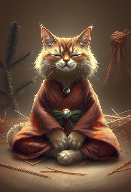 A cat made out of fir needles, The cat, is seated in a meditative pose, reminiscent of a Zen master. The cat is wearing a traditional Japanese-style kimono, featuring orange and maroon patterns. The kimono's details include an green obi (sash) and a decorative jewel-like stone on it. The cat's fur is fluffy and long, with a soft, delicate appearance. Its eyes are closed, giving a peaceful and serene expression. The cat's body is positioned in a relaxed, seated posture, with paws resting on its lap. It is centered in the image and facing the viewer directly. The background is a muted, earthy tone, with a depiction of hay or straw, creating a tranquil atmosphere. fir trees with rope are visible in the background, contributing to a rustic, serene setting. The lighting is soft and warm, highlighting the cat's features and the kimono's patterns. The overall style is artistic, with detailed brushstrokes and soft color blending. The image exudes a sense of calm and tranquility. fir needle style,