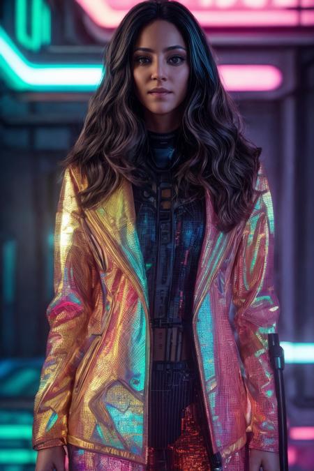 <lora:Tala_Ashraife:0.85> sexual, wearing holographic cyberpunk clothing, surrounded by neon-lit cityscape reflections, vray render, ray tracing, subsurface scattering, by Josan Gonzalez and Liang Mark (upper body shot),(looking at viewer:1.3), (hyper realistic:1.3), (portrait:1.2), highly detailed eyes,(highly detailed skin:1.3),(freckles:0.6),pores, (4k),back lit, rim light