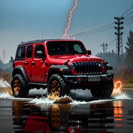 (masterpiece, best quality:1.1), ultra-detailed, (battlecar:1.1), (Jeep Wrangler:0.7), (painted glossy red:1.05), vehicle focus, no humans, car, wheel, tire, debris, splash, sparks, electricity, glowing, water, dirty