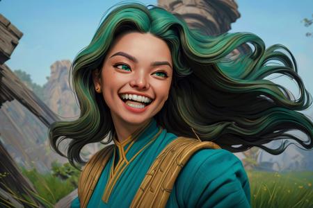 ((((masterpiece, best quality, action shot in the style of [Richard Anderson|Ralph Angus McQuarrie], highly detailed face and eyes, smiling, open mouth, teeth face expression)))), Asian woman with eyes:green and hair:turquoise wearing medieval outfit solo focus,