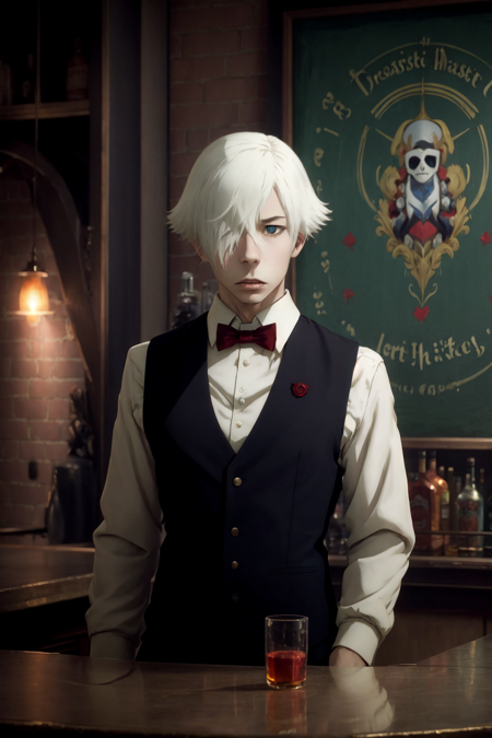 (masterpiece, best quality:1.4), decim \(death parade\) <lora:ironcatlora7Decim_v10:0.8>, black vest, red bowtie, white shirt, upper body, bar \(place\)