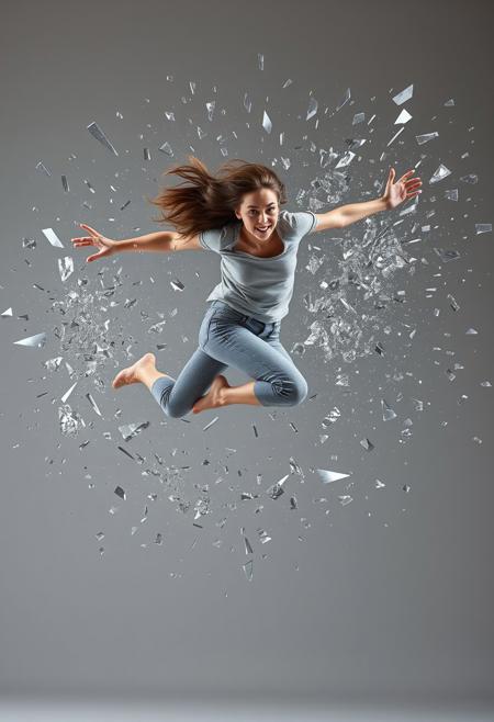 A dynamic, side-view shot captures a young woman in mid-air, her body suspended in a powerful leap as she bursts through a glass window. She’s fully extended, her arms slightly outstretched for balance, her hair streaming behind her like a banner caught in the wind. Her face is a mix of fierce determination and exhilaration, her eyes wide and focused, her lips parted as if caught in a gasp or a shout.
Around her, countless shards of glass explode outward, frozen in time as they catch the light. The fragments vary in size, from tiny glittering pieces to large, jagged sheets, creating a chaotic yet beautiful halo around her figure. The glass seems to move with her, as if she’s leading the explosion, her momentum carrying her forward through the chaos.
The background is entirely gray, a stark, neutral void that emphasizes the intensity of the moment. The lack of detail in the backdrop draws all attention to the woman and the swirling storm of glass around her. The scene is a perfect blend of action, grace, and raw energy, capturing the thrill of movement and the beauty of destruction