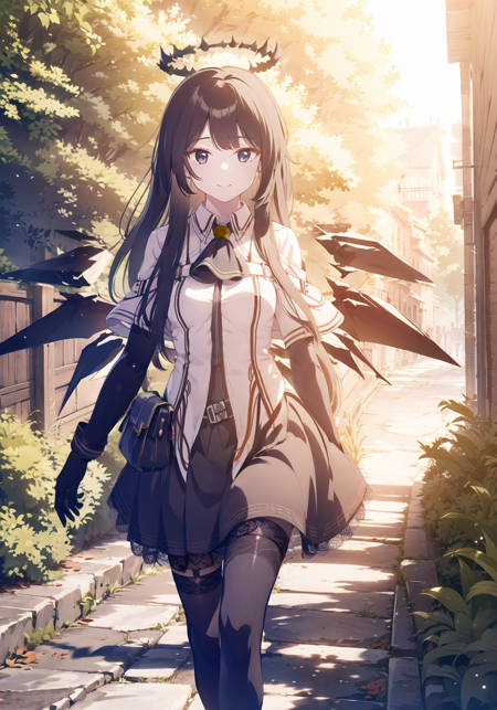 1girl, solo, Arturia,
BREAK long_hair, bangs, skirt, medium_breasts, black_hair, very_long_hair, light_smile, closed_mouth,
BREAK black_footwear, high_heels, ascot, capelet, halo, white_capelet, very long hair, (black wings:1.3), ((detached wings)), black eyes, wings, black_gloves, (elbow_gloves), black_thighhighs, blunt_bangs, black_skirt, lace-trimmed legwear,
BREAK walking, praying,
BREAK outdoors, (ruins), foreground_bushes, trees, bushes, stone_floor, sunshine, (tyndall_effect), straight-on
((masterpiece)), (highres), (best_quality), (highly_detailed), (original),(Delicate background),(extremely detailed 8K wallpaper),cinematic lighting, volume lighting, light particles, shaded_face, beautiful_detailed_eyes, depth_of_field, perspective,<lora:阿尔图罗Arturia:0.7:lbw=char>,