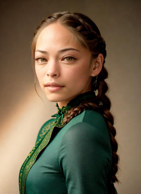 portrait of Kristin Kreuk, scared , wearing haute couture garments , with titian Fishtail braid , background roman city epic (photo, studio lighting, hard light, sony a7, 50 mm, matte skin, pores, colors, hyperdetailed, hyperrealistic), <lyco:Kristin Kreuk:1.1>