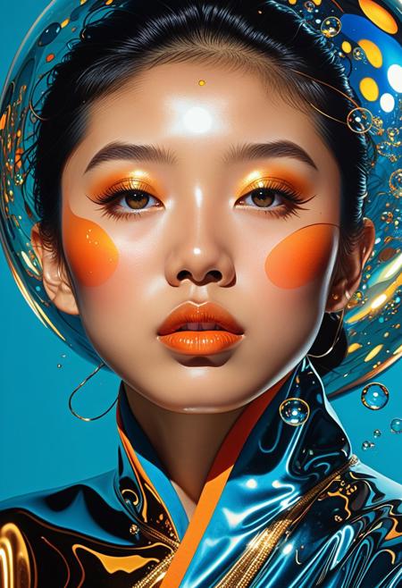 Smooth Quality, ArsMJStyle, Colored pencil hyperdetailed realism, close-up portrait of an asian woman, medium complexion, with a serene, contemplative expression. hereyes are half closed closed, and her, 
lips are slightly parted in a tranquil pose. The womans face and upper torso are depicted in a stylized, abstract manner, 
resembling a liquid metallic surface. Vibrant colors, including gold, orange, and various shades of blue, create a, 
dynamic interplay. Numerous reflective bubbles of various sizes and shapes encapsulate and adorn his features, reflecting, 
lights and colors that amplify the visual impact. The background is a deep teal blue, creating a stark contrast with, 
the vibrant colors of the subject. All textures focus on smooth, reflective surfaces and shimmering metallic effects., 
Camera angle is a close-up, focusing on the face with visible details. The style is modern, abstract, and ethereal, 
suggesting a liquid or metallic dreamlike quality. A sense of calm and tranquility permeates the image., 
Visual style references surrealism, abstract art, and liquid metal digital art, with a focus on a reflective and, 
polished aesthetic, <lora:clear:1>, <lora:FF.101.juggernautXL_version6Rundiffusion.LORA:1>, <lora:Hyperdetailed_Colored_Pencil:1>, <lora:SDXLDetailer:1>