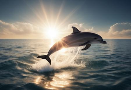 Dolphin jumping over sea water, sun halo background, very realistic photography