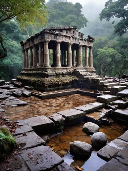 <lora:JJsTempleRuin_XL:1>,   (Temple Ruin)), ((masterpiece)), ((best quality)), scenery, outdoor, real world location, building, sky, cloud,,day,water,tree,  pool,forest,tree root, ((raining)), wet stones, river,ripple,fall, spray,