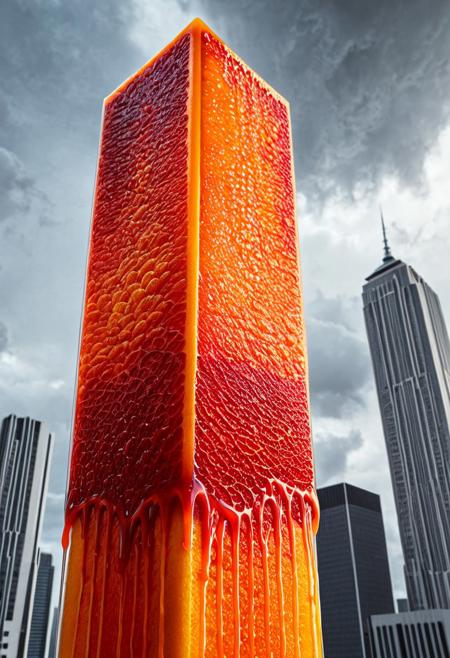 a modern skyscraper melting and dripping like blood orange juice, architecture infused with surreal citrus texture, hyperdetailed structure, flowing juice-like elements, vibrant reddish-orange highlights, cloudy sky, urban skyline, cinematic composition, soft lighting, high detail, taste blood orange style, dripping liquid, juice effect, overcast city, cinematic angle, melting architecture, morphing skyline