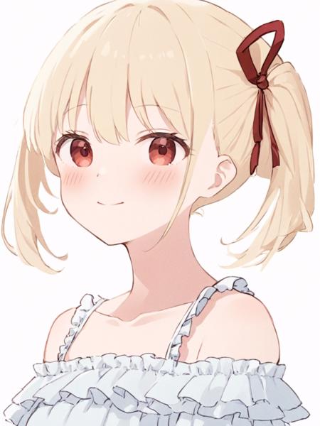 <lora:qianshux_xl:1>,1girl, nishikigi_chisato, solo, blonde_hair, bangs, shirt, white_background, short_hair, hair_ribbon, red_ribbon, ribbon, upper_body, white_shirt, frilled_shirt, looking_at_viewer, simple_background, frills, red_eyes, smile, collarbone, closed_mouth, twintails, off_shoulder, twitter_username, off-shoulder_shirt, short_twintails, bare_shoulders, bow, cropped_torso, blush, red_bow