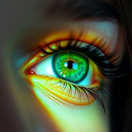 Ultra extreme closeup of a young womans eye, super macro, green eye, view from side, mascara, winged eyeliner, mesmerizing, eyelash extension, shallow depth of field, f/1.4, focus blur, beautiful, bokeh, reflections, ultra realistic, fire reflecting from her eye, gorgeous, smooth skin, glossy green eye shade