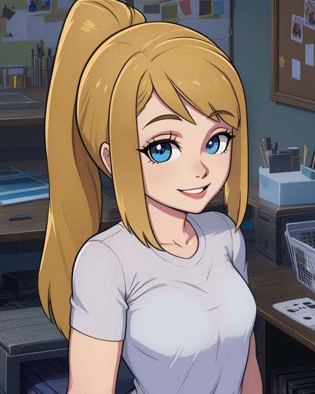 Sam,blonde hair,blue eyes,ponytail,
white shirt,shorts,smile, looking at viewer, 
standing,upper body,
home,room,games,
(insanely detailed, beautiful detailed face, masterpiece, best quality) cinematic lighting,<lora:Sam:0.8>,