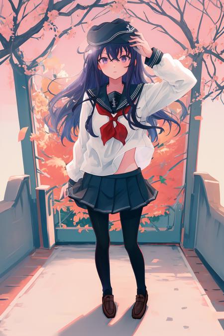 masterpiece, best quality,1girl, solo, long hair, akatsuki, hat, pantyhose, school uniform, serafuku, skirt, purple eyes, hair, black pantyhose, neckerchief, purple eyes, red neckerchief, pleated skirt, anchor symbol, looking at viewer, shoes, flat cap, loafers, standing, full body, <lora:xiao:1>