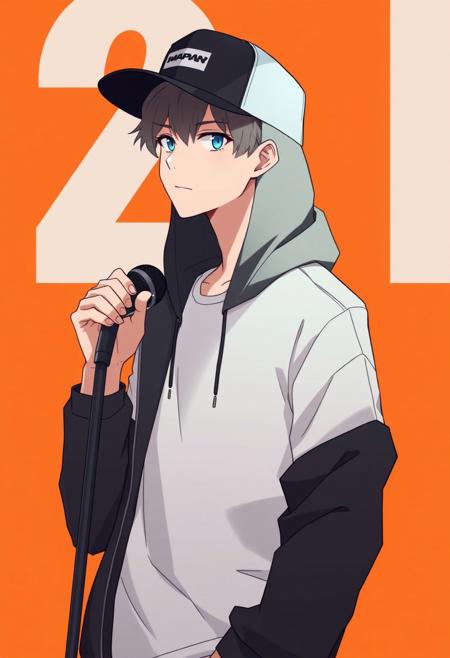 anime male 25 years old, minimalistic art style, wearing snapback and black hood, full body height, holding mic, orange background